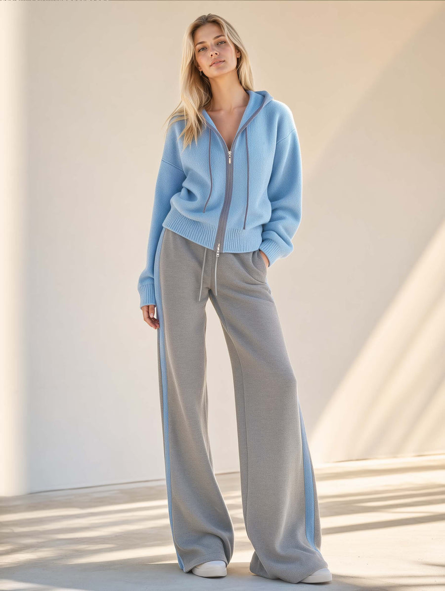 Blue Hooded Full-zip Long-sleeve Sweater And Grey Color-block Wide-leg Pants Set