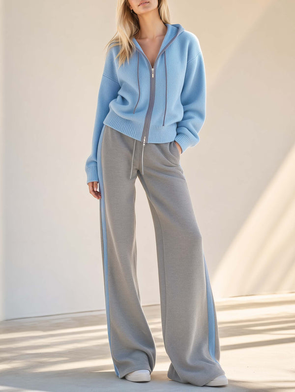 Blue Hooded Full-zip Long-sleeve Sweater And Grey Color-block Wide-leg Pants Set