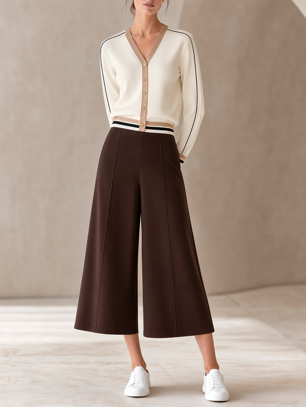 Beige Knit Cardigan And Draped Cropped Wide-leg Trousers Set