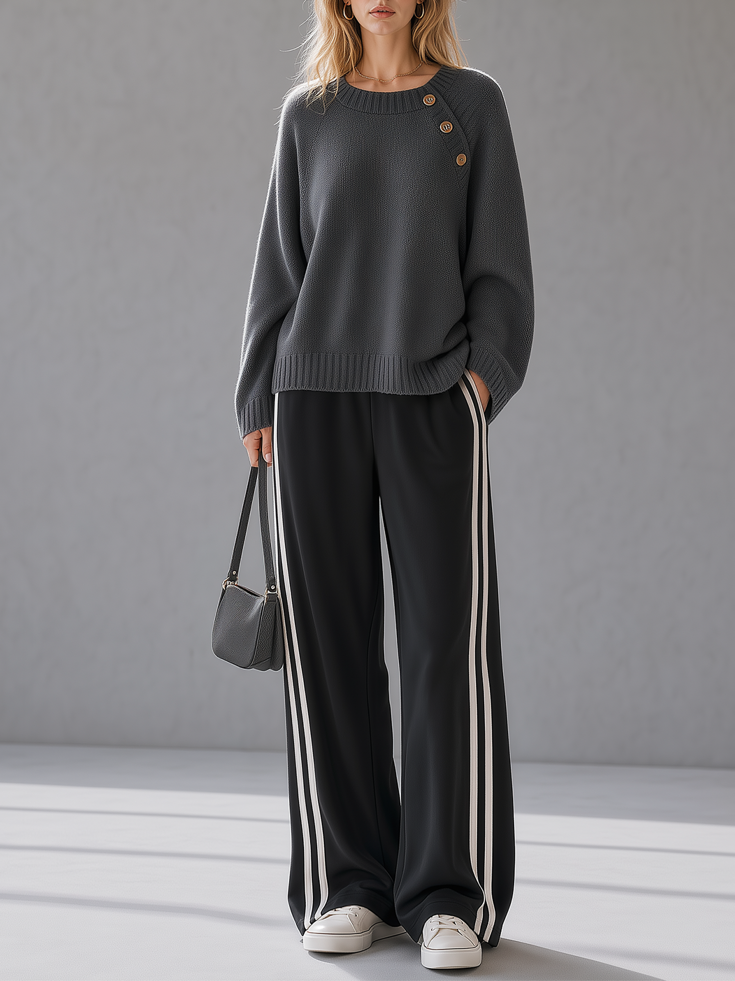Dark Grey Diagonal Button Knit Top With White Stripe Wide Leg Pants Set