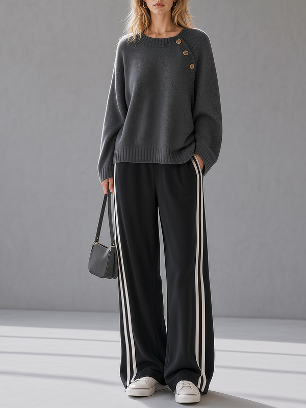 Dark Grey Diagonal Button Knit Top With White Stripe Wide Leg Pants Set