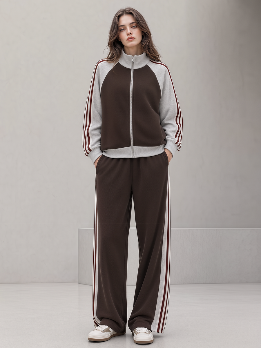 Brown Color-block Striped Stand-collar Jacket And Wide-leg Trousers Casual Set