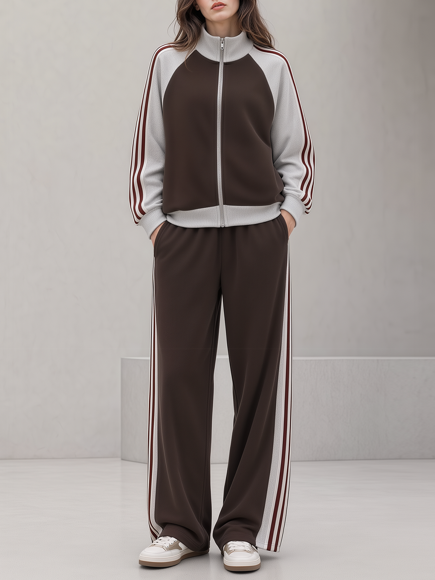 Brown Color-block Striped Stand-collar Jacket And Wide-leg Trousers Casual Set