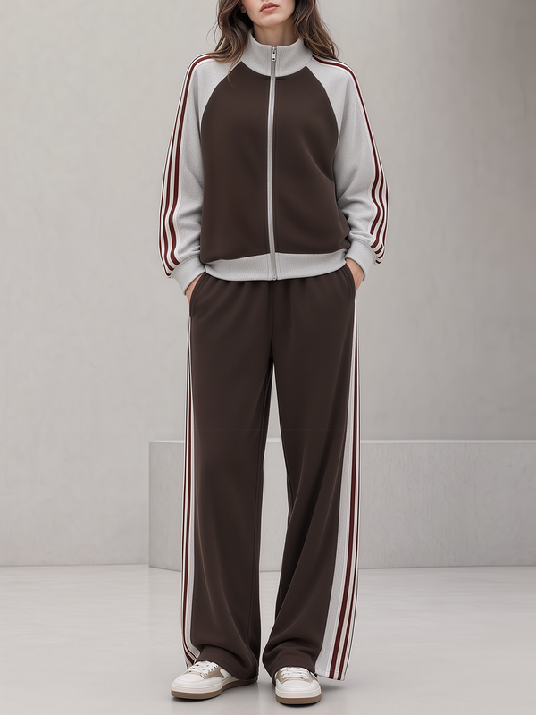 Brown Color-block Striped Stand-collar Jacket And Wide-leg Trousers Casual Set