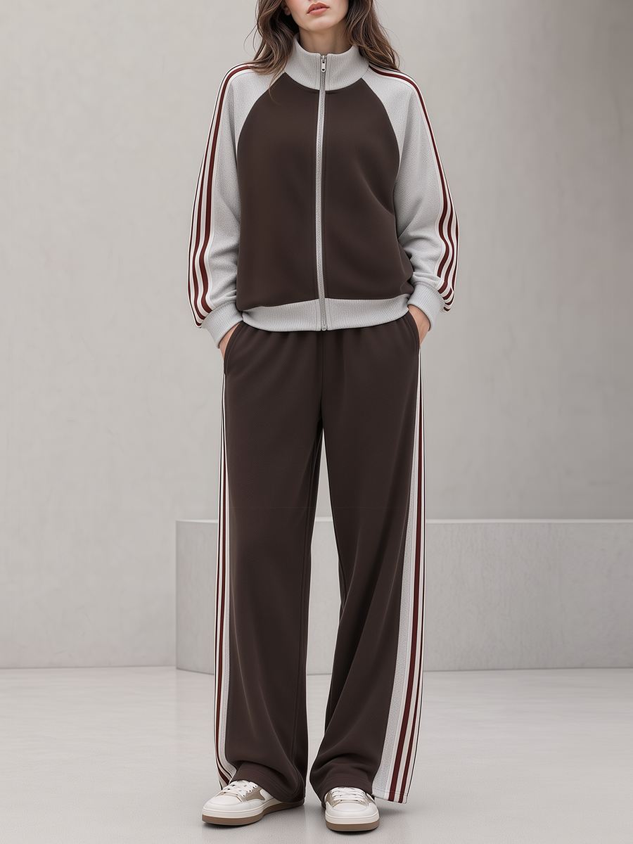 Brown Color-block Striped Stand-collar Jacket And Wide-leg Trousers Casual Set