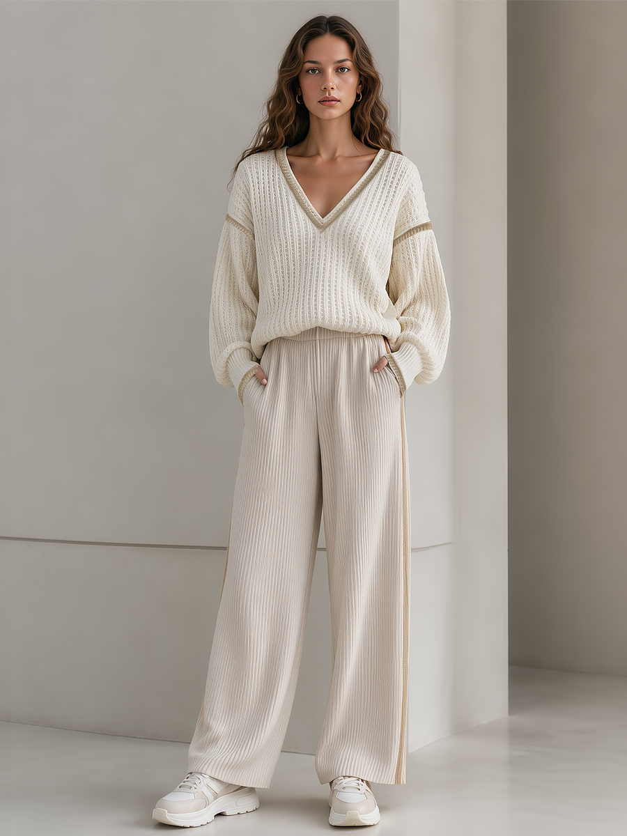 Beige And Gold-thread V-neck Textured Sweater And Wide-leg Trousers Set