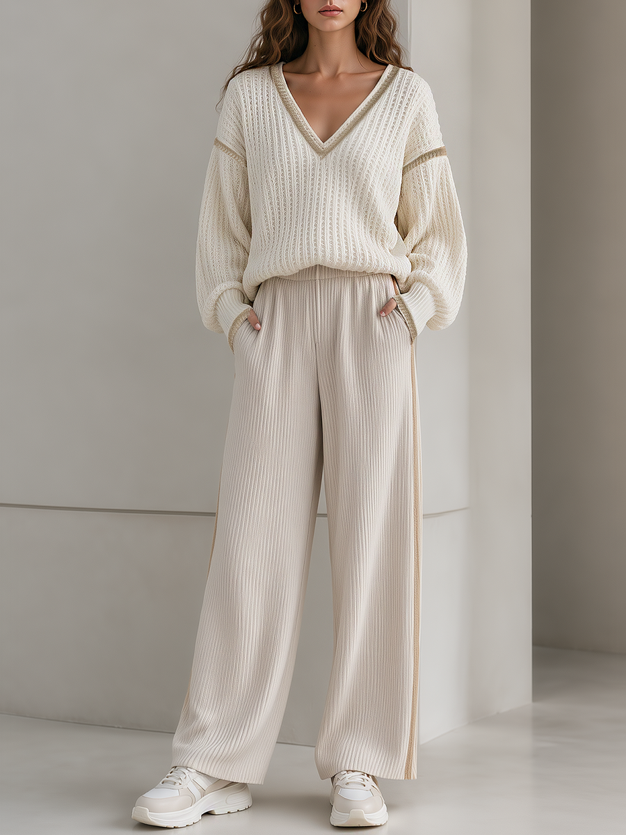 Beige And Gold-thread V-neck Textured Sweater And Wide-leg Trousers Set