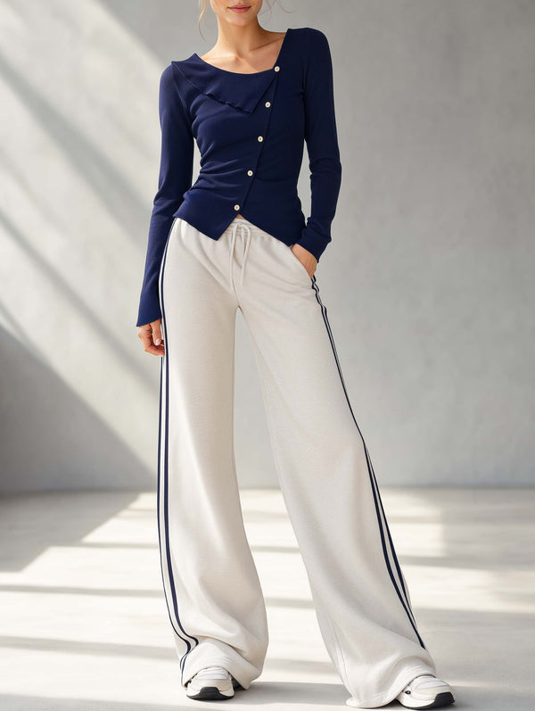 Stylish And Casual Navy Blue Single-breasted Long-sleeve Top And Trousers Set