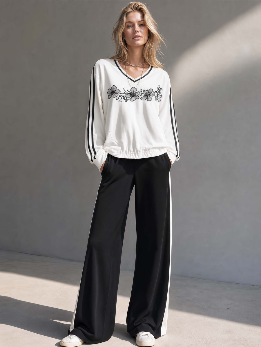 Black And White Color-Block V-Neck Embroidered Long-Sleeve Top And Wide-Leg Pants Set