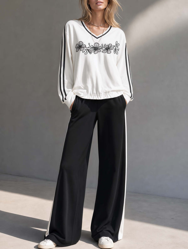 Black And White Color-Block V-Neck Embroidered Long-Sleeve Top And Wide-Leg Pants Set