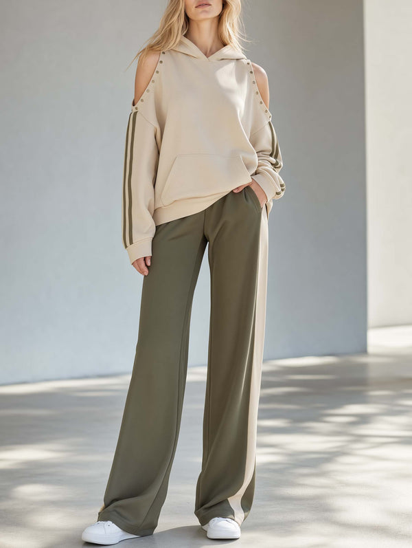 Stylish Khaki Off-Shoulder Long-Sleeve Hoodie And Color-Block Pants Set