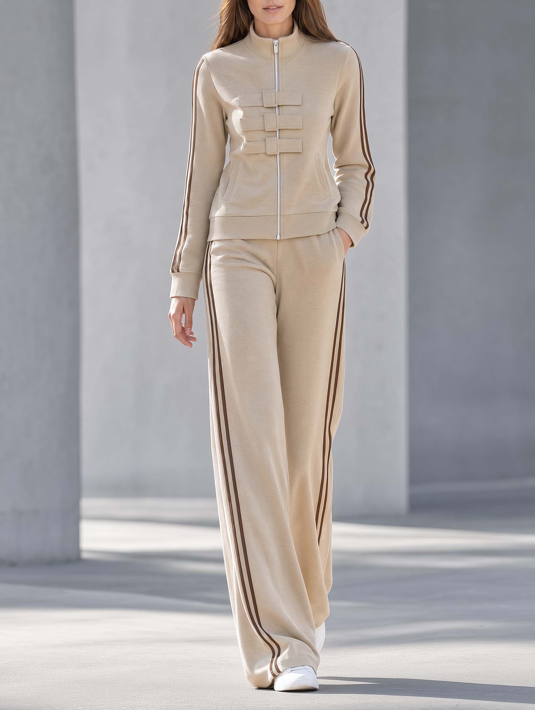 Chic Commuter-style Khaki Full-zip Long-sleeve Jacket And Wide-leg Trousers Set
