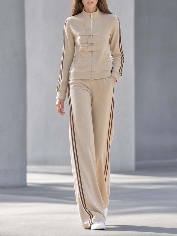 Chic Commuter-style Khaki Full-zip Long-sleeve Jacket And Wide-leg Trousers Set