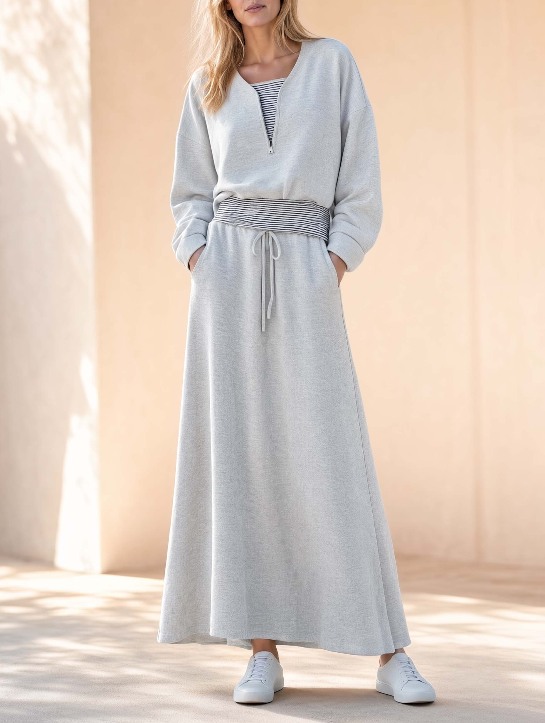 Athleisure-style Grey Long-sleeve "faux-layered" Top And Maxi Skirt Set