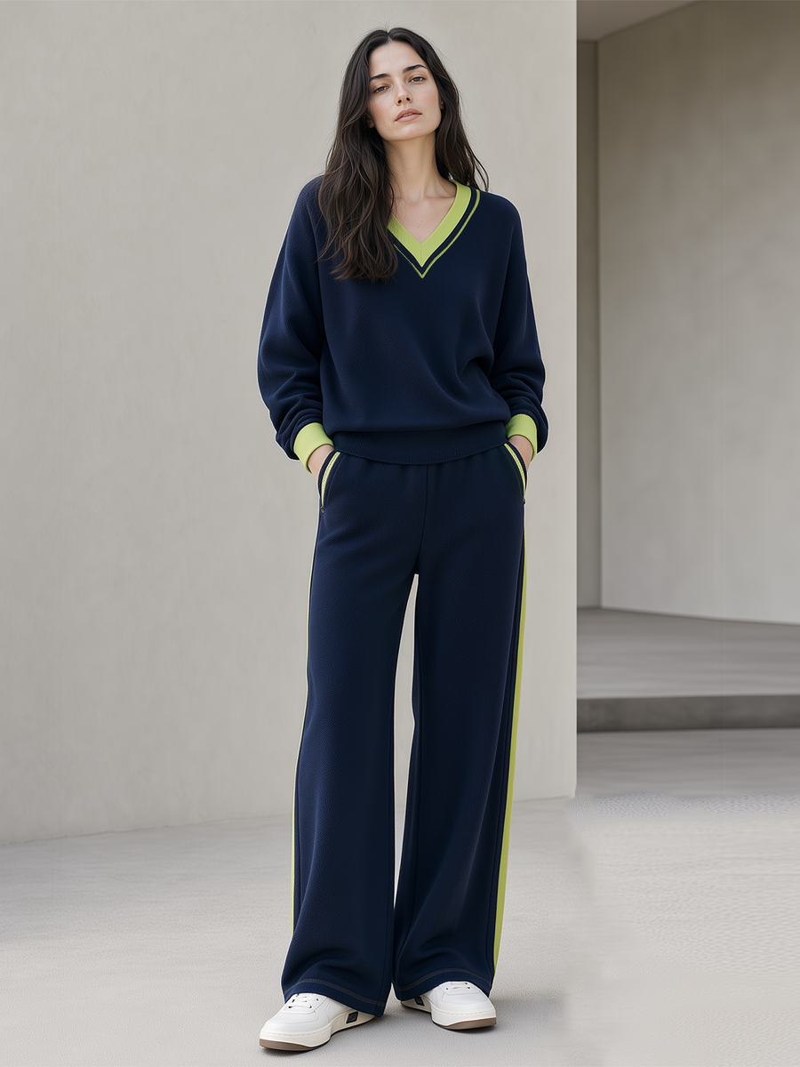 Navy And Lime Green V-Neck Knit Wide-Leg Pants Set