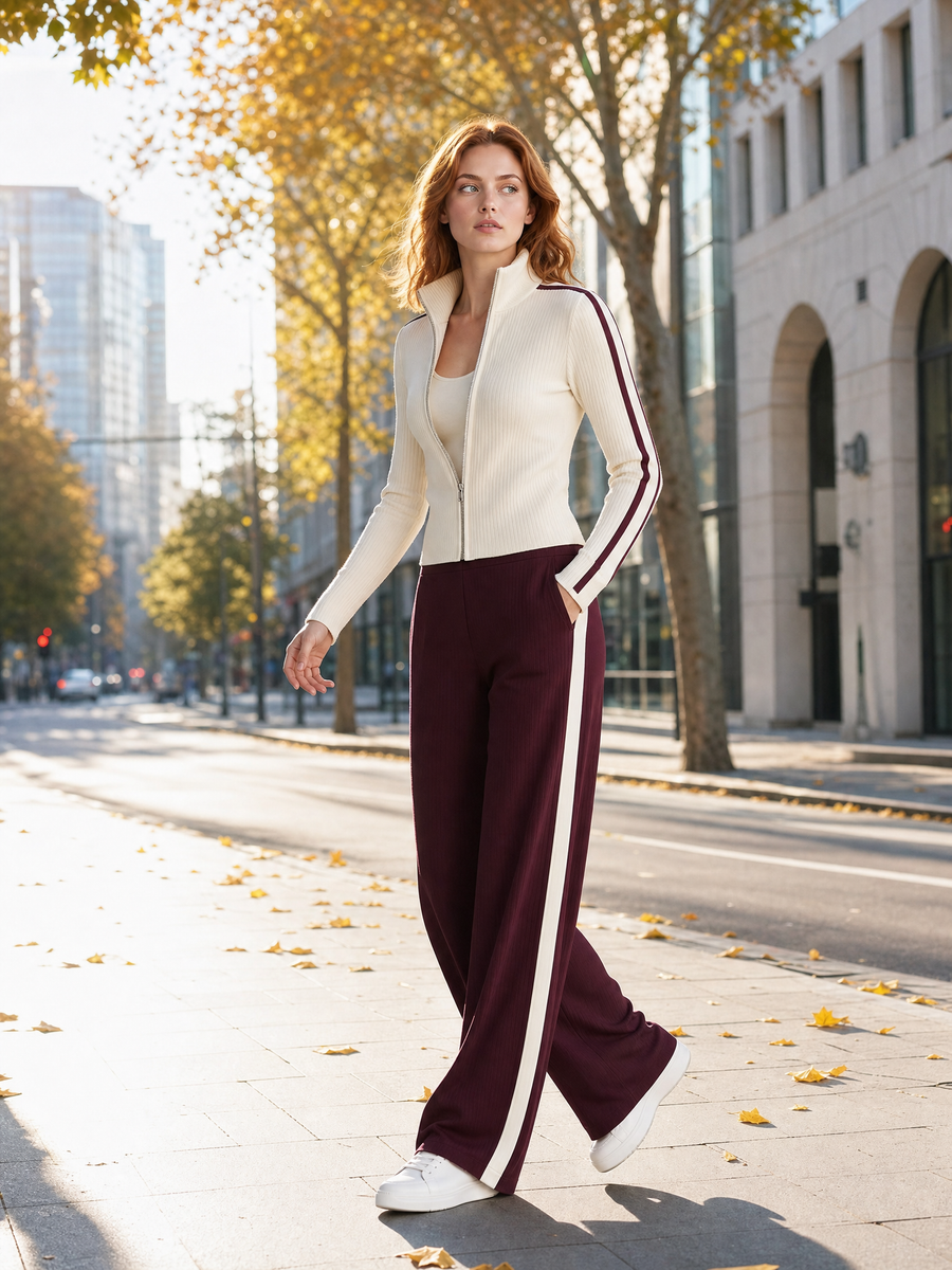 Off-white Ribbed Knit Cardigan And Burgundy Wide-leg Trousers Set