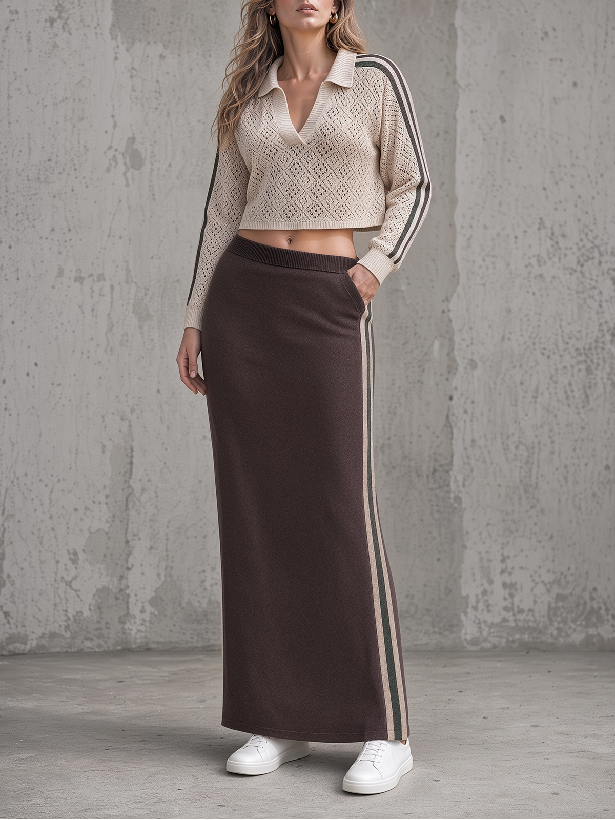 Beige Pointelle Knit Polo & Brown Side-Stripe Maxi Skirt Set