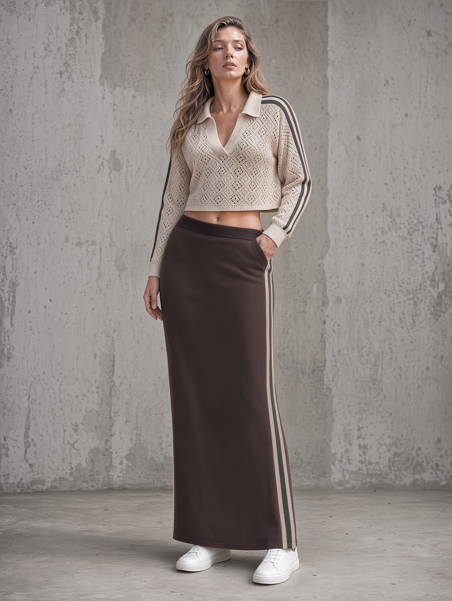 Beige Pointelle Knit Polo & Brown Side-Stripe Maxi Skirt Set