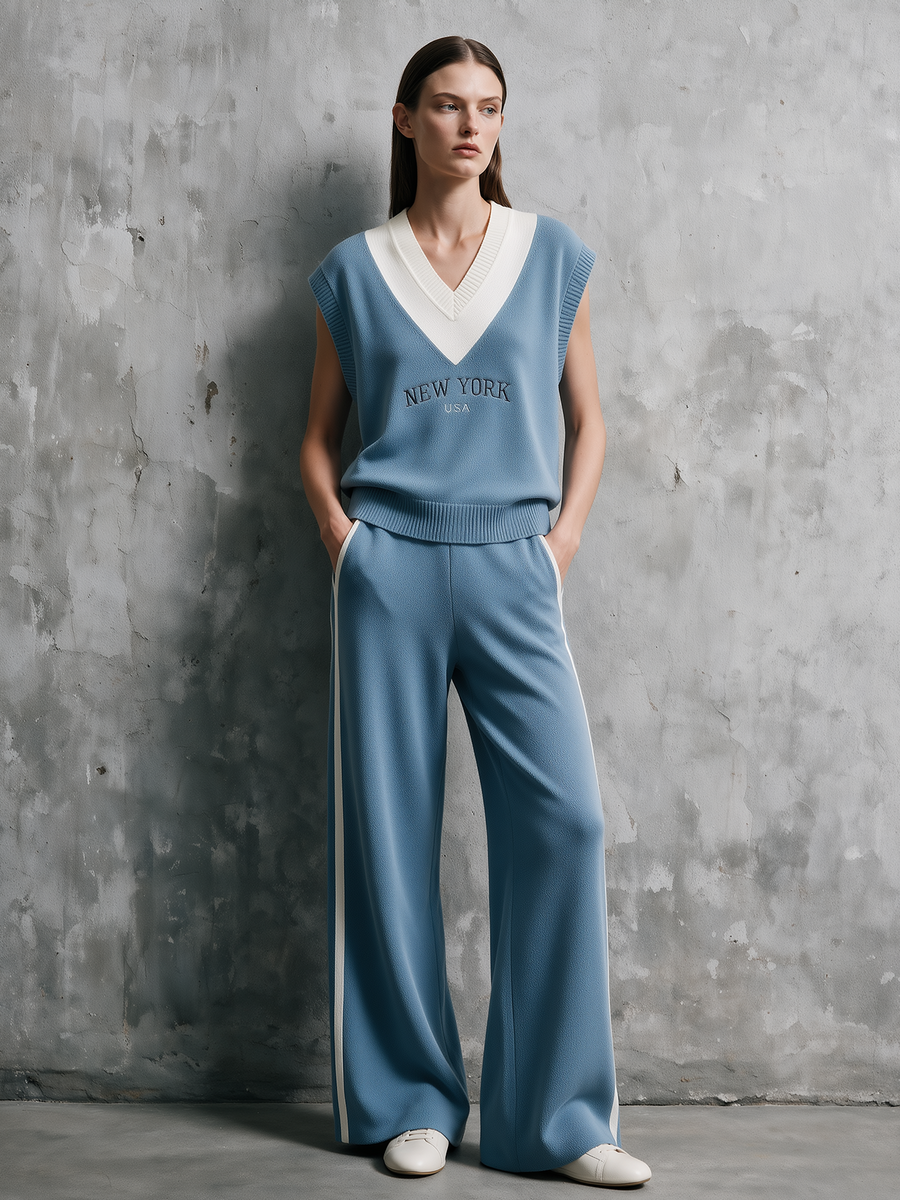 Dusty Blue Embroidered Knit Vest & Side-Stripe Wide-Leg Pants Set