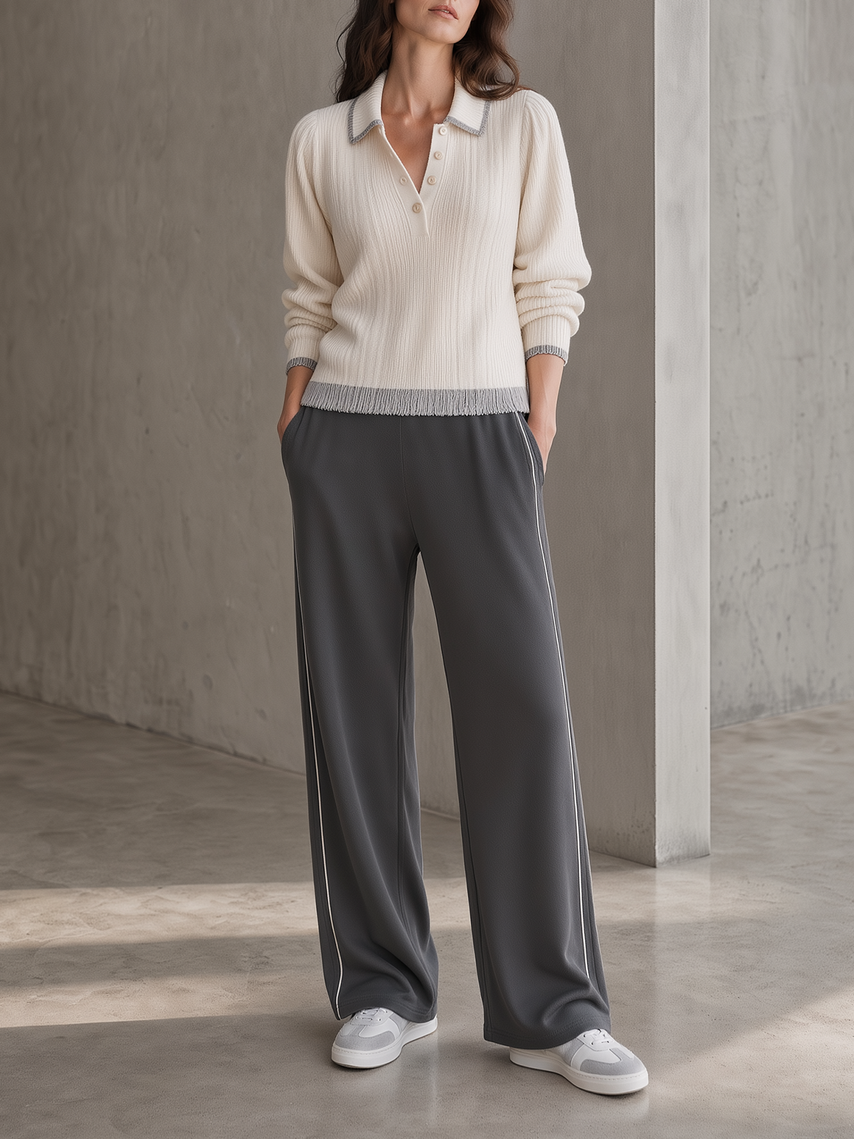 Cream Fringe-Hem Knit Polo & Charcoal Wide-Leg Trousers Set