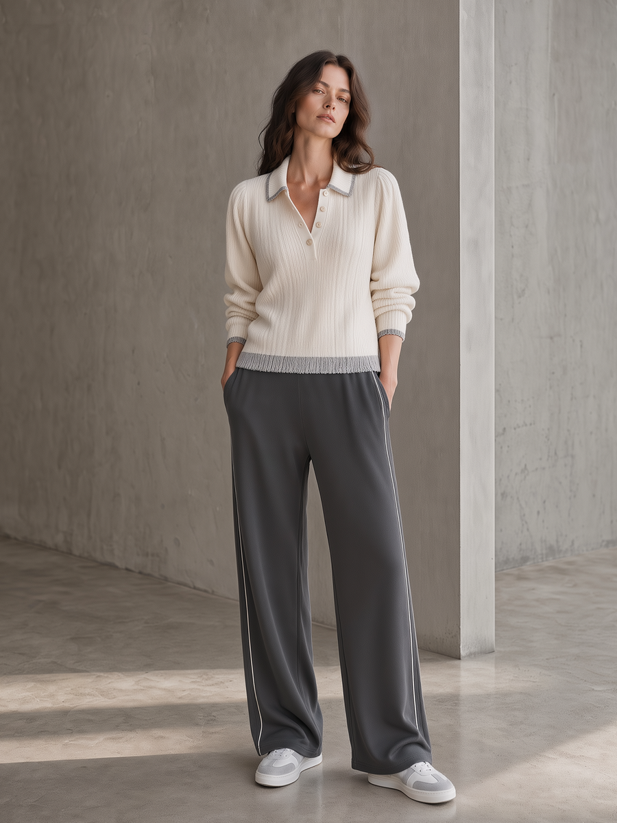 Cream Fringe-Hem Knit Polo & Charcoal Wide-Leg Trousers Set