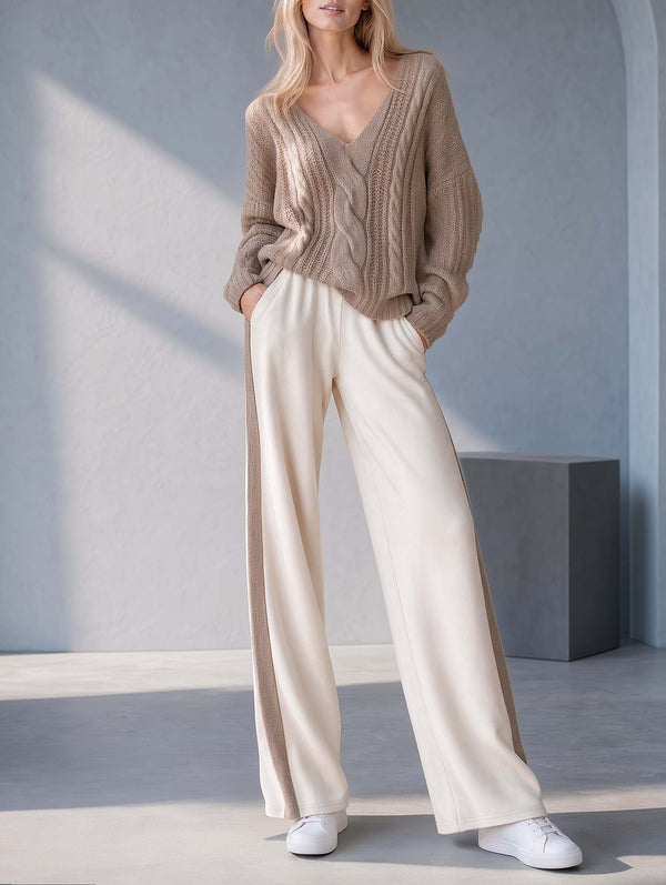 Stylish Khaki V-Neck Long-Sleeve Sweater And Color-Block Wide-Leg Pants Set