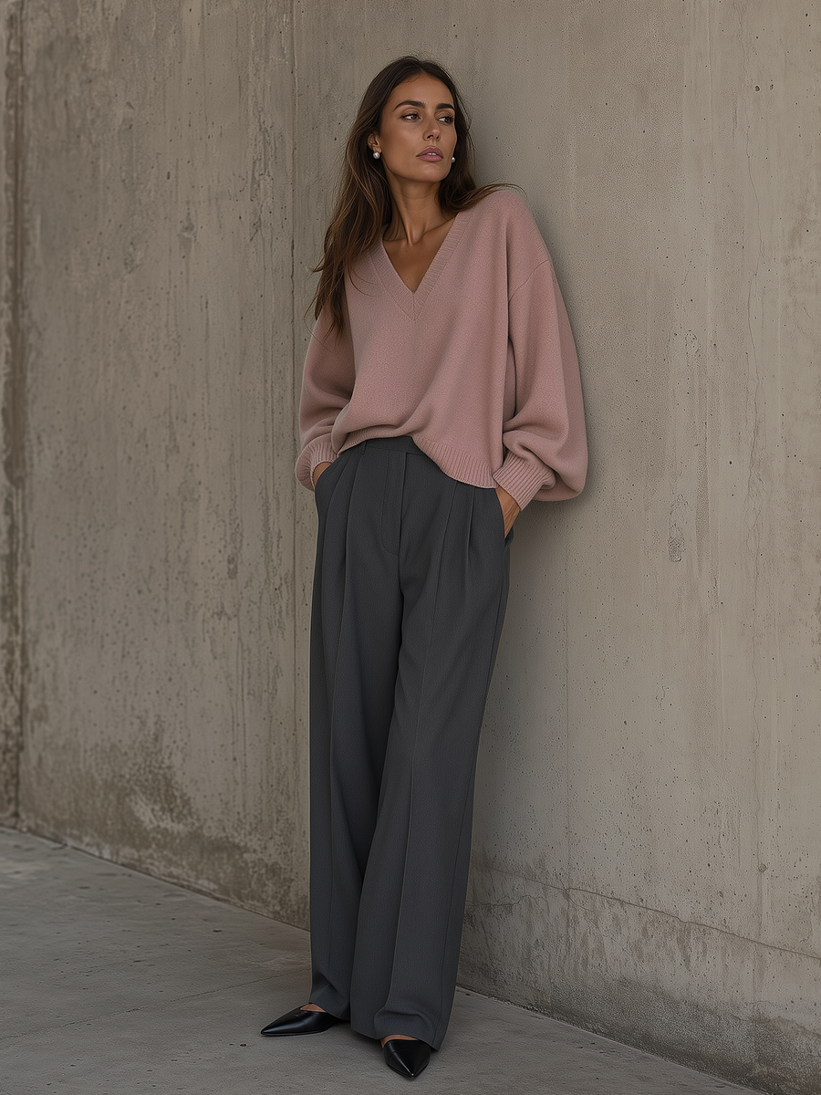 Dusty Pink V-Neck Sweater & Charcoal Pleated Wide-Leg Trousers Set