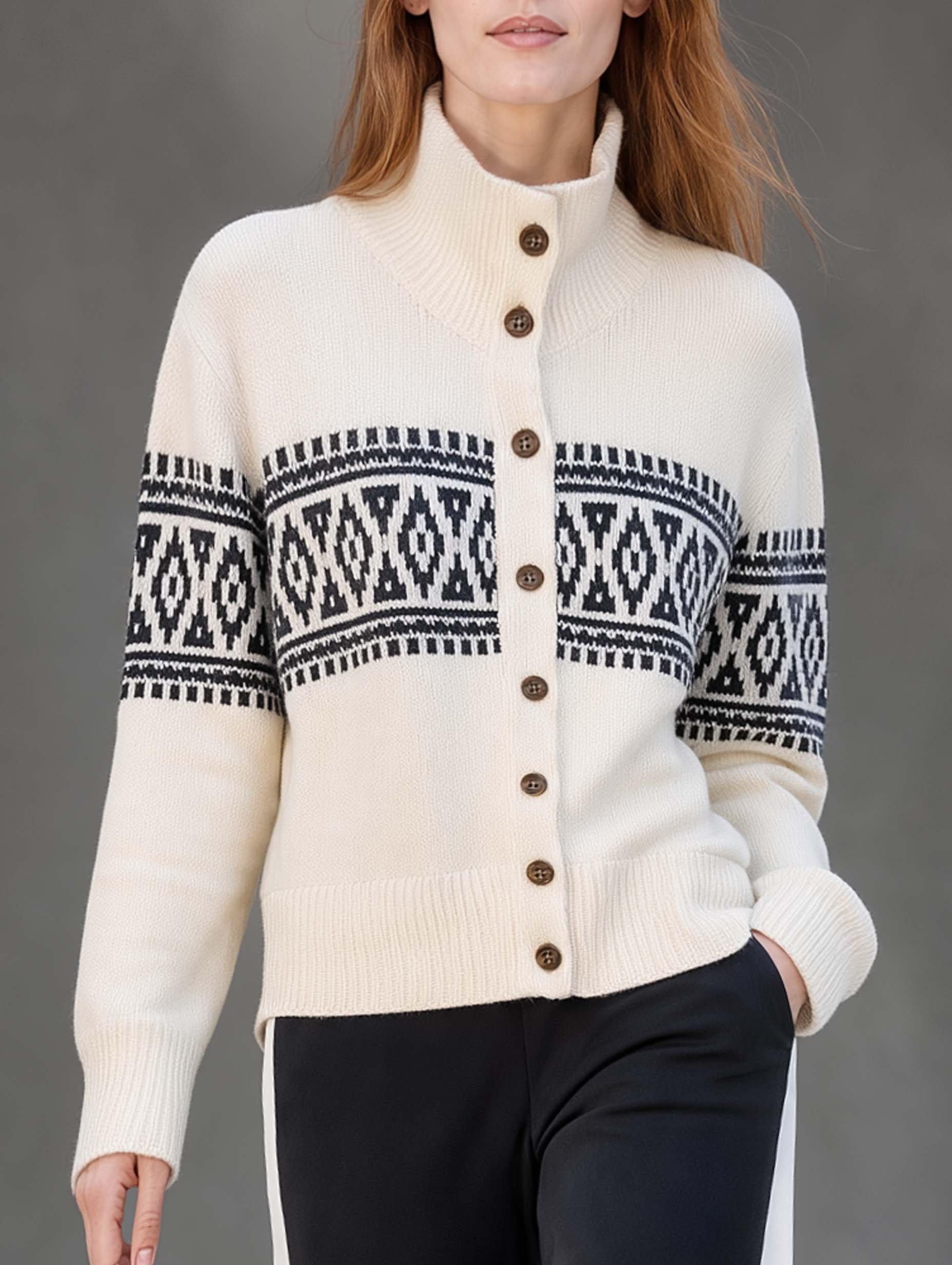 White Long-sleeve Turtleneck Cardigan In A Casual, Stylish Design