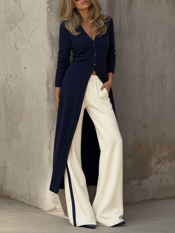 Navy Longline Knit Cardigan & Cream Side-Stripe Wide-Leg Pants Set - Navy Blue