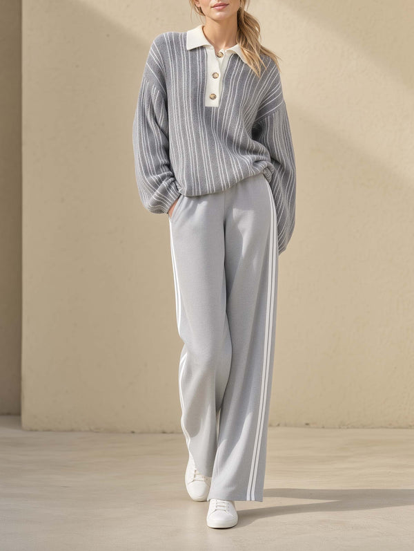 Grey And White Fine-striped Long-sleeve Collared Sweater And Wide-leg Trousers Set