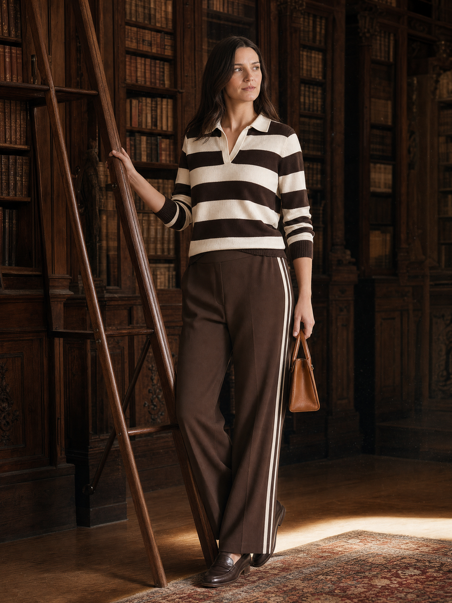 Brown & Cream Striped Knit Polo & Side-Stripe Wide-Leg Pants Set