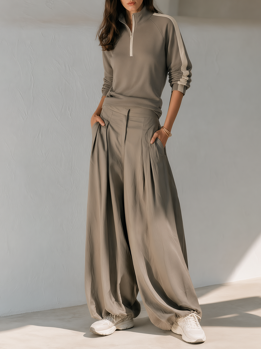 Khaki Color-block Half-zip Top And Wide-leg Casual Trousers Set