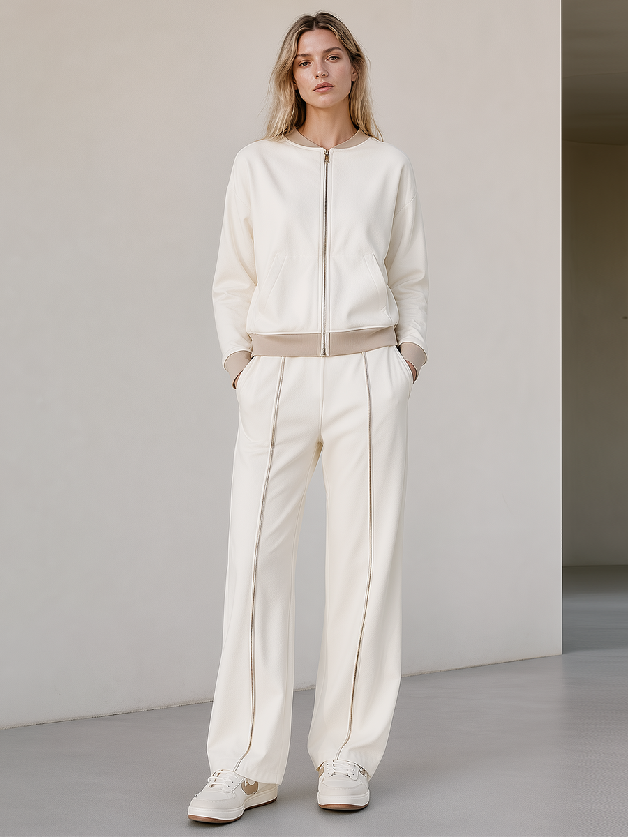 Off‑White Color Block Zip‑Up Jacket Wide Leg Track Pants Set