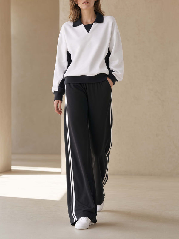 Minimalist Black And White Color-Block Long-Sleeve Collared Top And Wide-Leg Pants Set