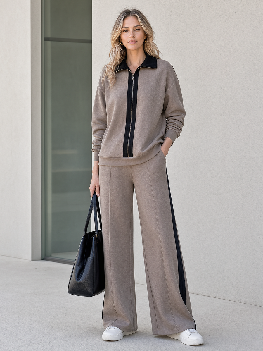 Taupe Black Trim Collared Half‑Zip Wide Leg Pants Two‑Piece Set