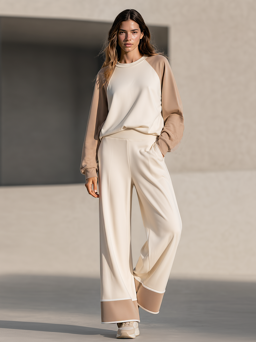 Beige And Camel Color-block Raglan-sleeve Top And Wide-leg Trousers Set