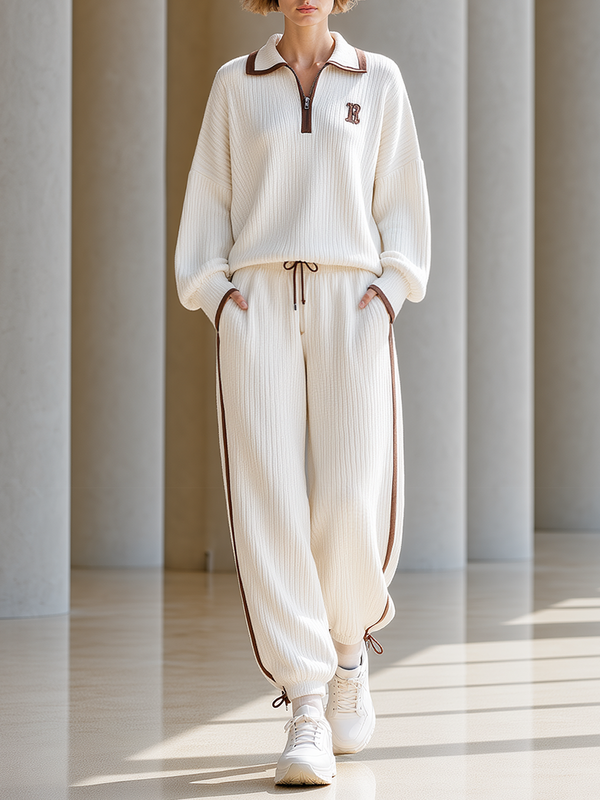 Off‑White Brown Trim Collared Half‑Zip Knit Jogger Set