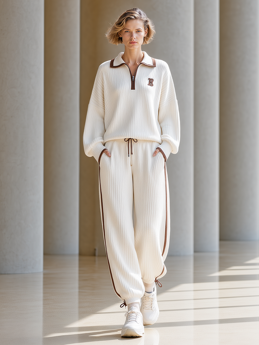 Off‑White Brown Trim Collared Half‑Zip Knit Jogger Set