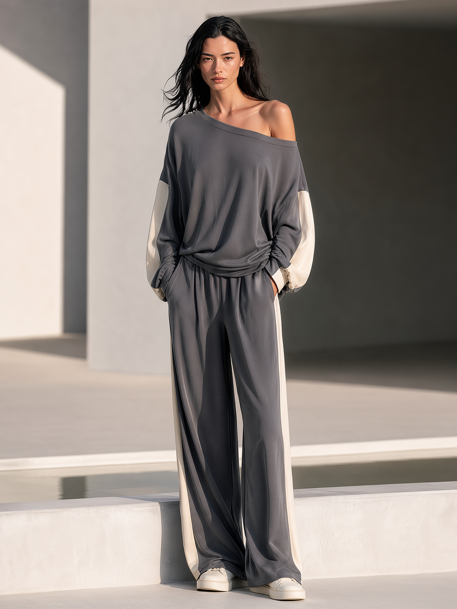 Charcoal And Off-white Color-block Off-shoulder Top And Loose Wide-leg Trousers Set.
