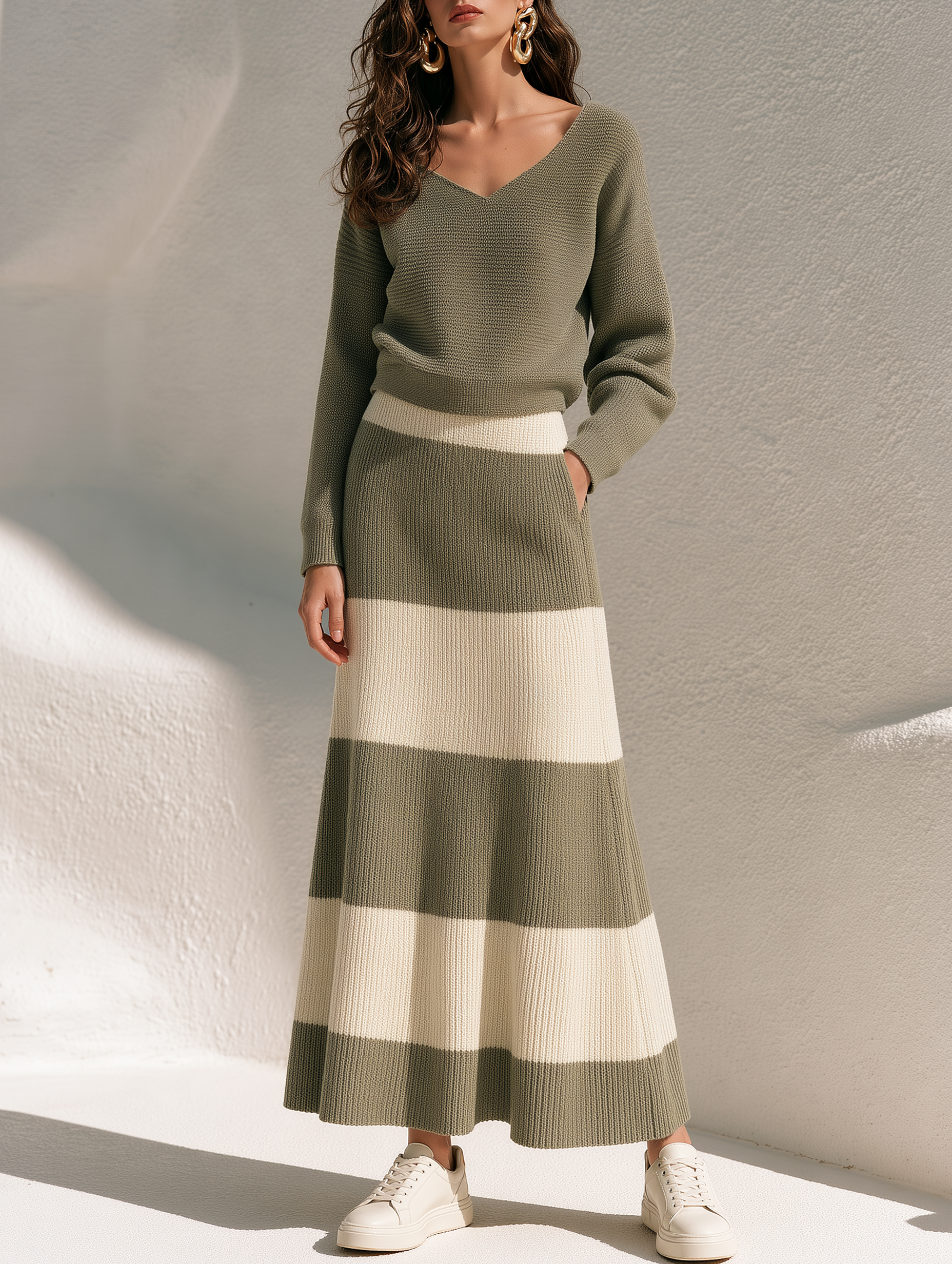 Loose V-neck Knit Sweater And Loose Knit Maxi Skirt Set