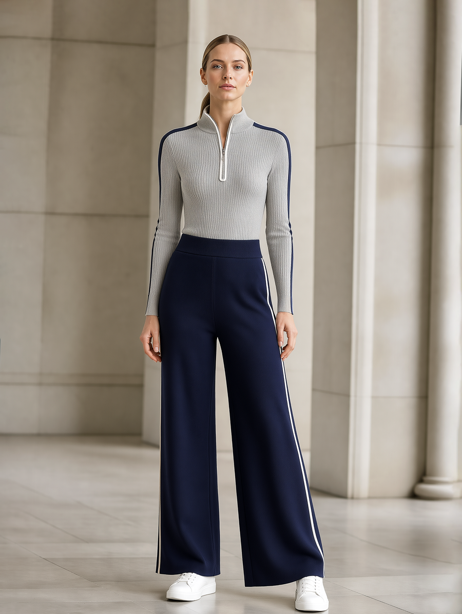Grey Ribbed Knit Top And Navy Wide-leg Trousers Set