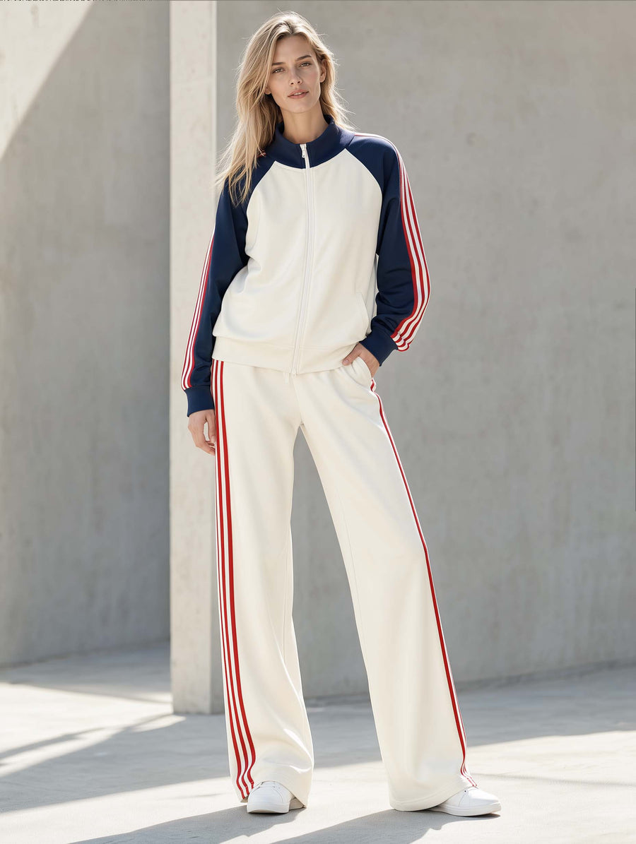 Casual Sporty Long-sleeve Jacket And Trousers Set In White And Navy Blue Color-block Style