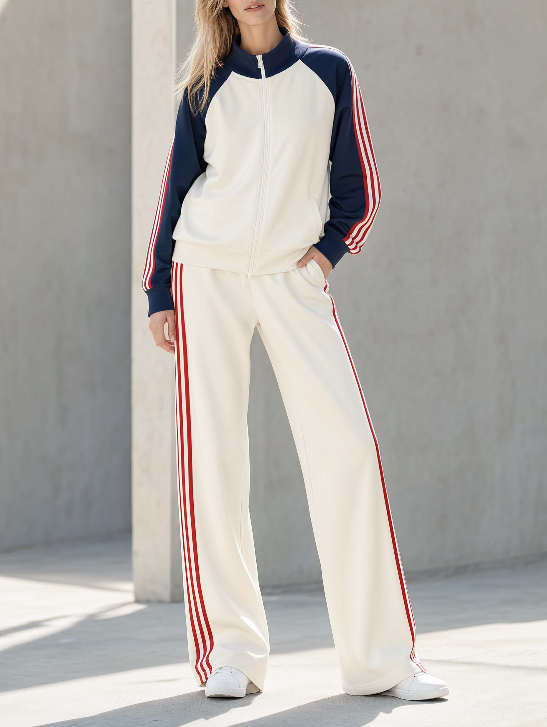 Casual Sporty Long-sleeve Jacket And Trousers Set In White And Navy Blue Color-block Style