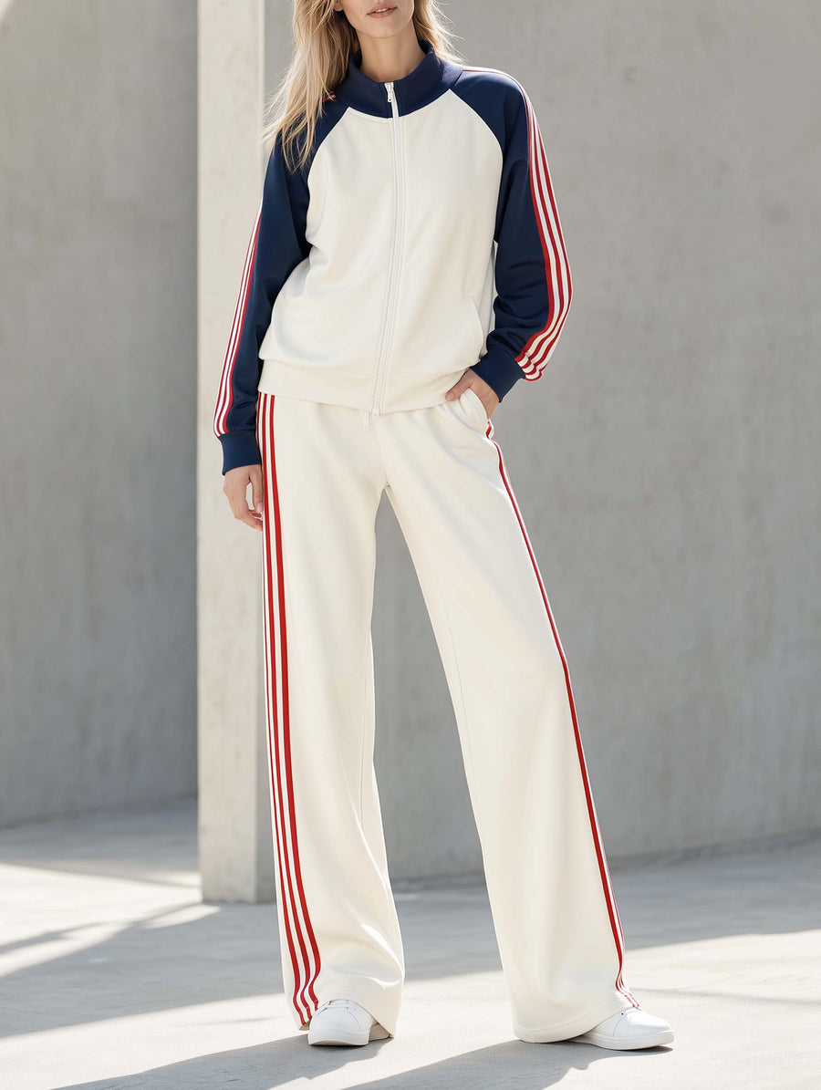 Casual Sporty Long-sleeve Jacket And Trousers Set In White And Navy Blue Color-block Style