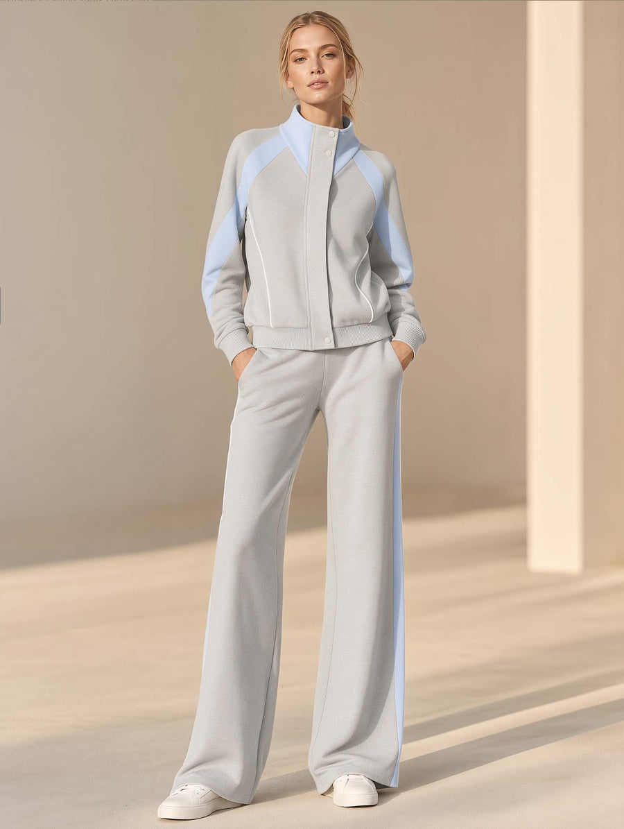 Stylish Sporty Grey And Light Blue Color-block Long-sleeve Top And Trousers Set