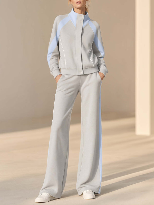 Stylish Sporty Grey And Light Blue Color-block Long-sleeve Top And Trousers Set