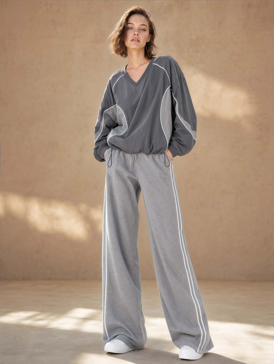 Grey Sporty V-neck Long-sleeve Top And Wide-leg Pants Set