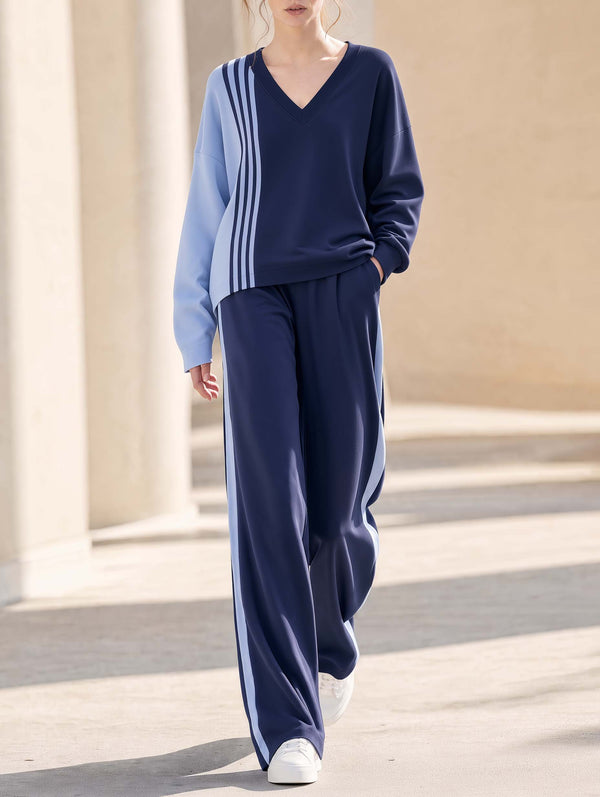 Casual Navy And Blue Color-block V-neck Long-sleeve Top And Trousers Set