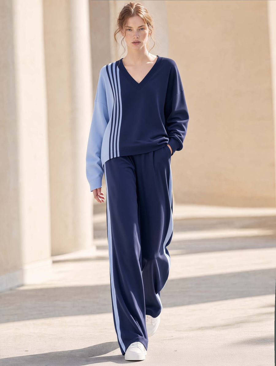 Casual Navy And Blue Color-block V-neck Long-sleeve Top And Trousers Set
