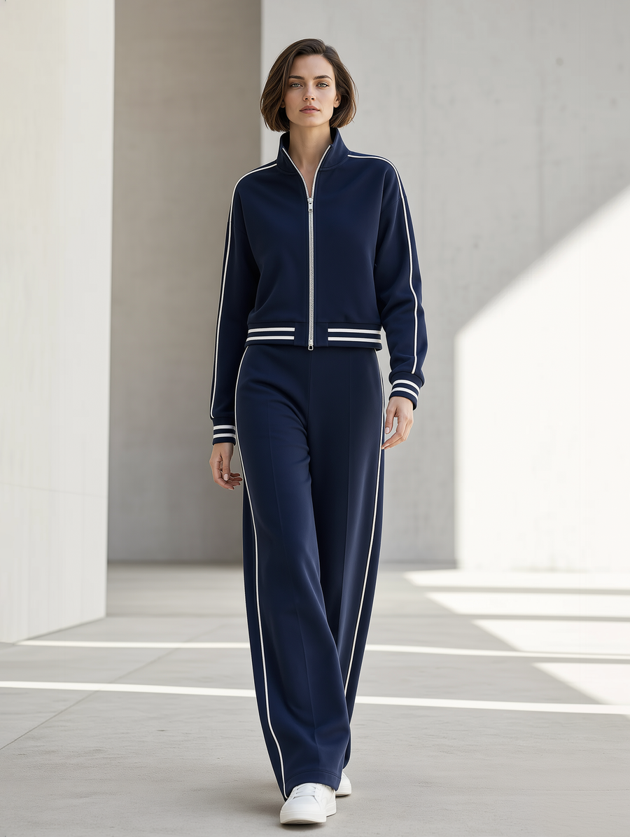 Navy Blue Stand-collar Zip-up Jacket And Wide-leg Trousers Set
